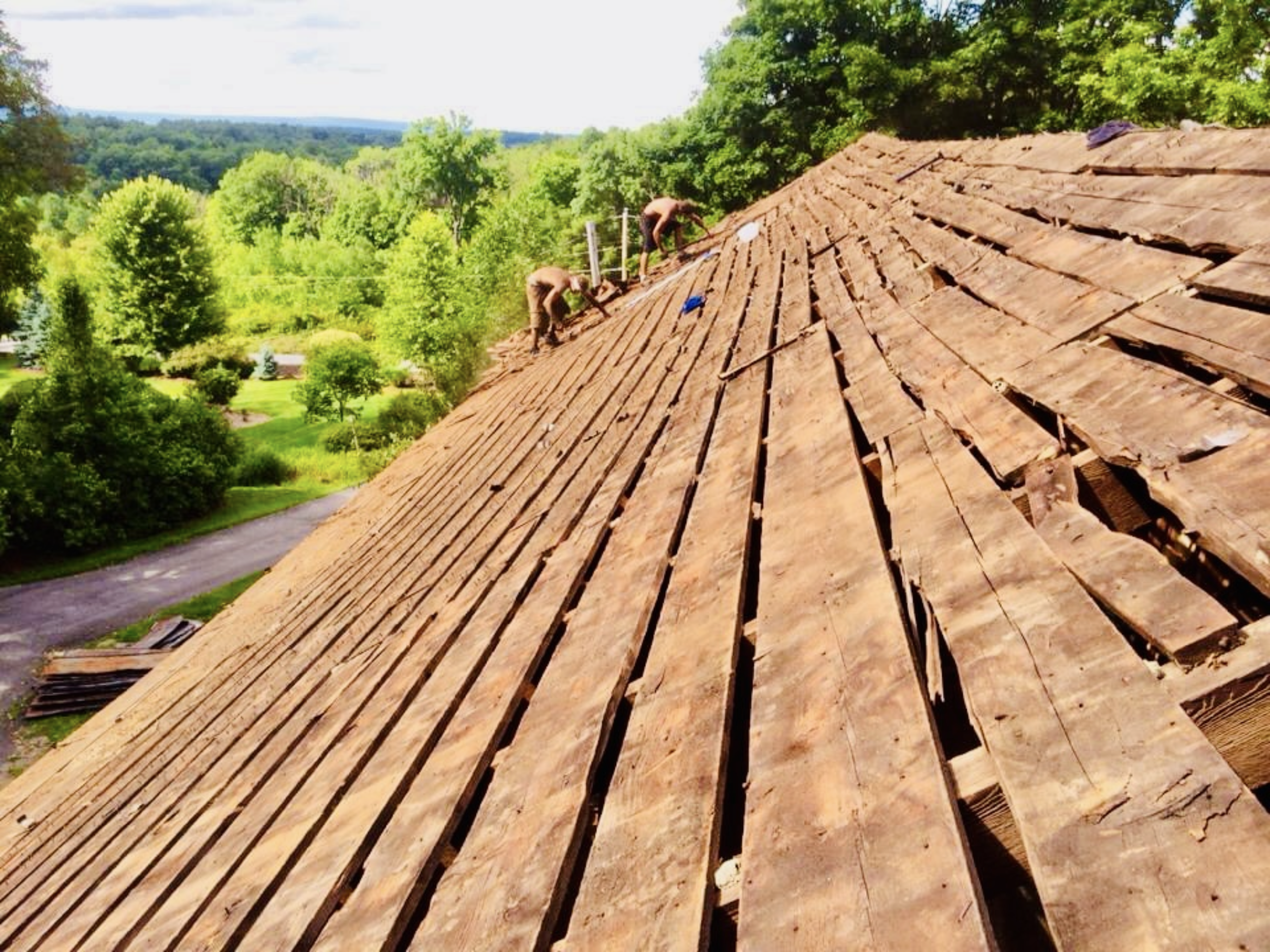 Murray Brothers crew tearing off old roof deck on historic barn with scenic forested backdrop