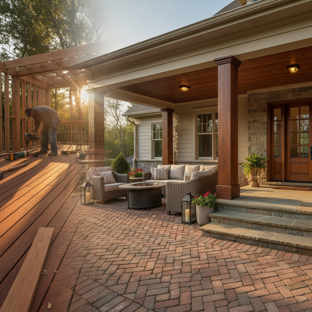 Cedar deck build blending into herringbone brick patio and finished covered porch — Murray Brothers